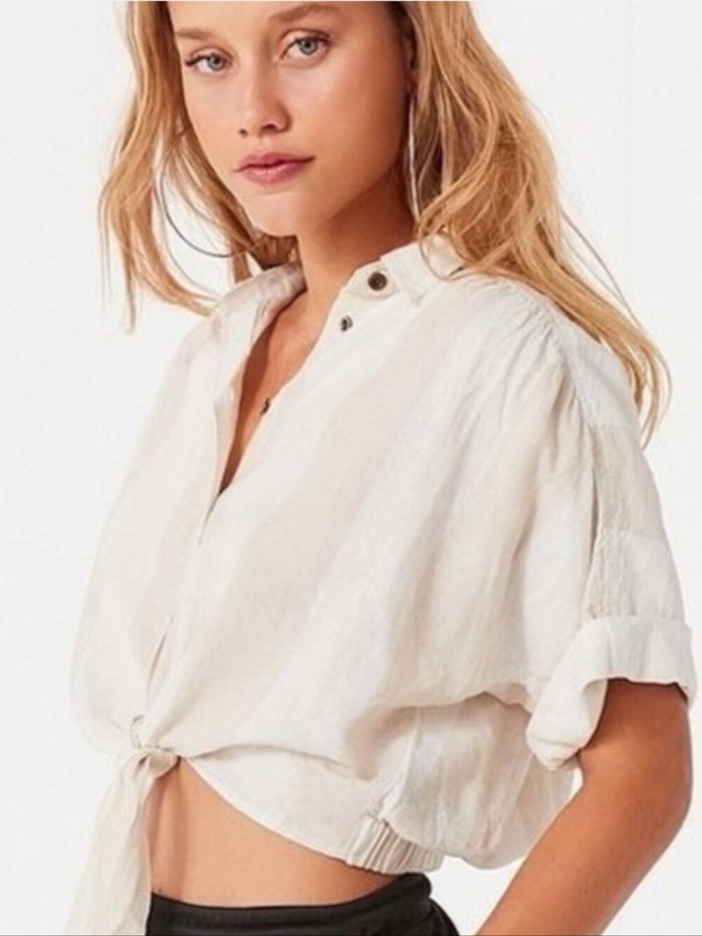 BDG Womens White Cream Striped Cropped Tie-Front Button Linen Shirt Size Medium